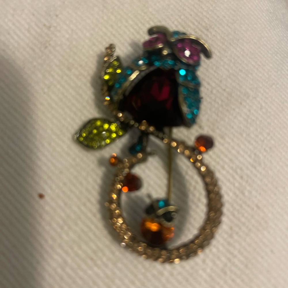Multicolor Crystal Floral Brooch Pin - Gold Tone
